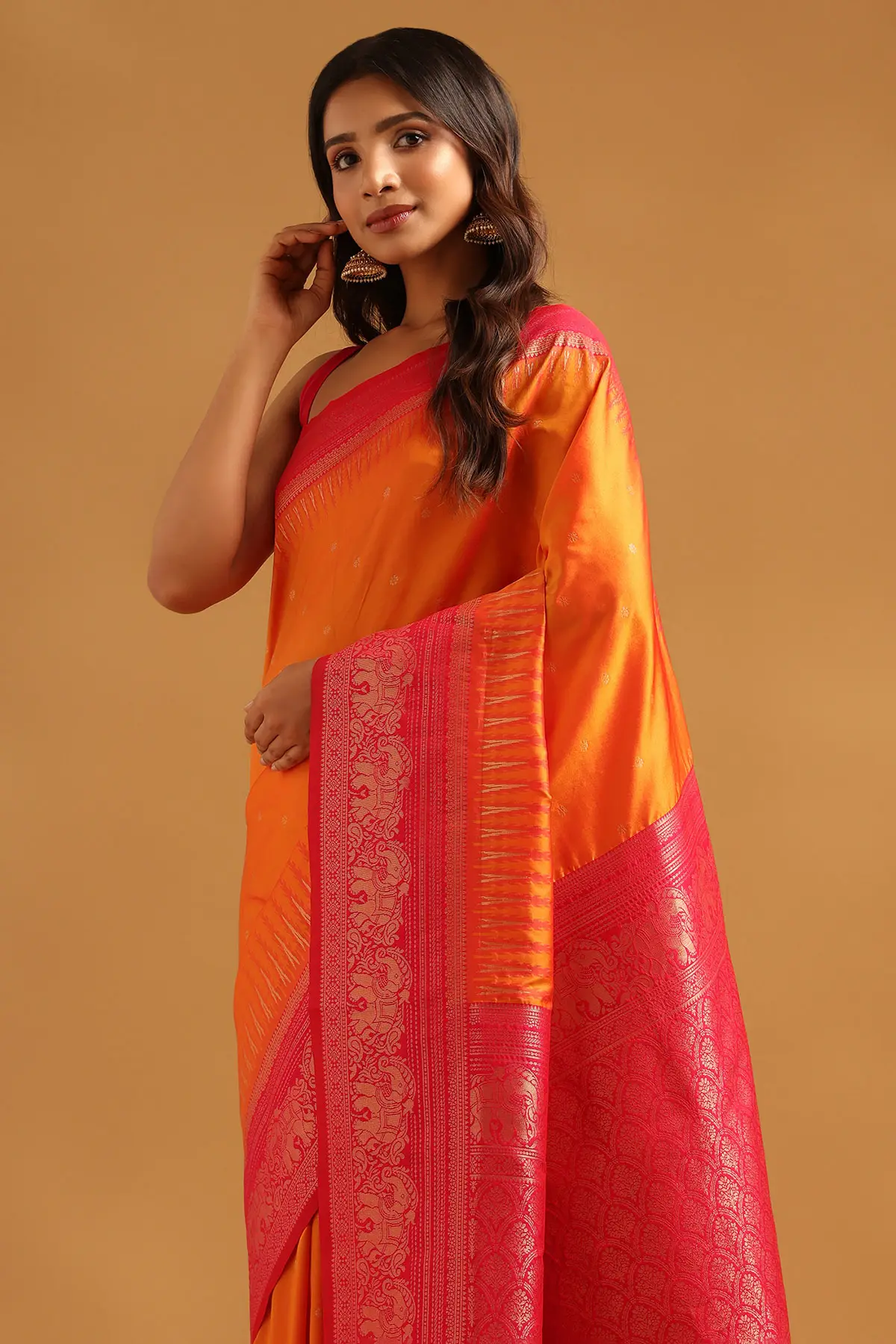 Mustard Silk Blend Ethnic Motifs Jacquard Zari Woven Saree
